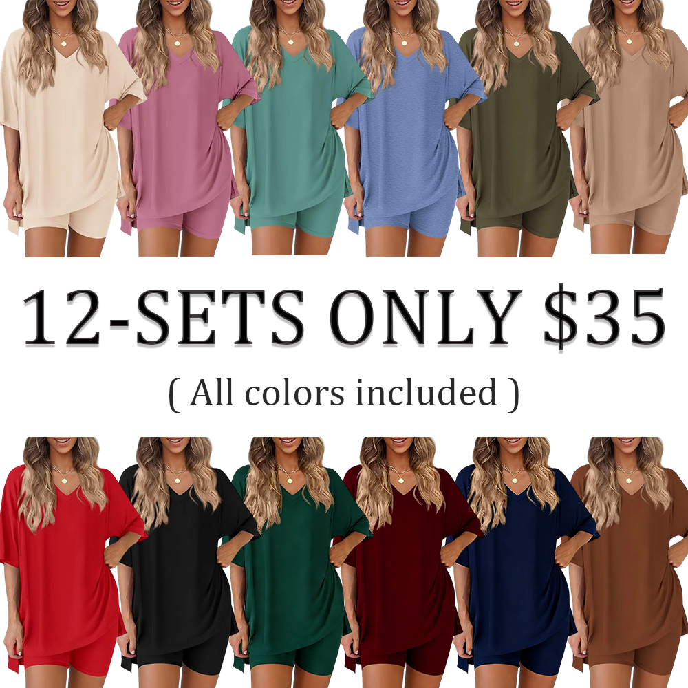Women’s Oversized Lounge Set-Breathable Crewneck Top & Pocket Shorts