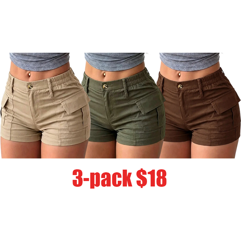 Women's 3-Pack Summer Cargo Shorts – Multi-Pocket Trousers with Side Pockets & Button Waist, Stylish Versatile Casual Shorts