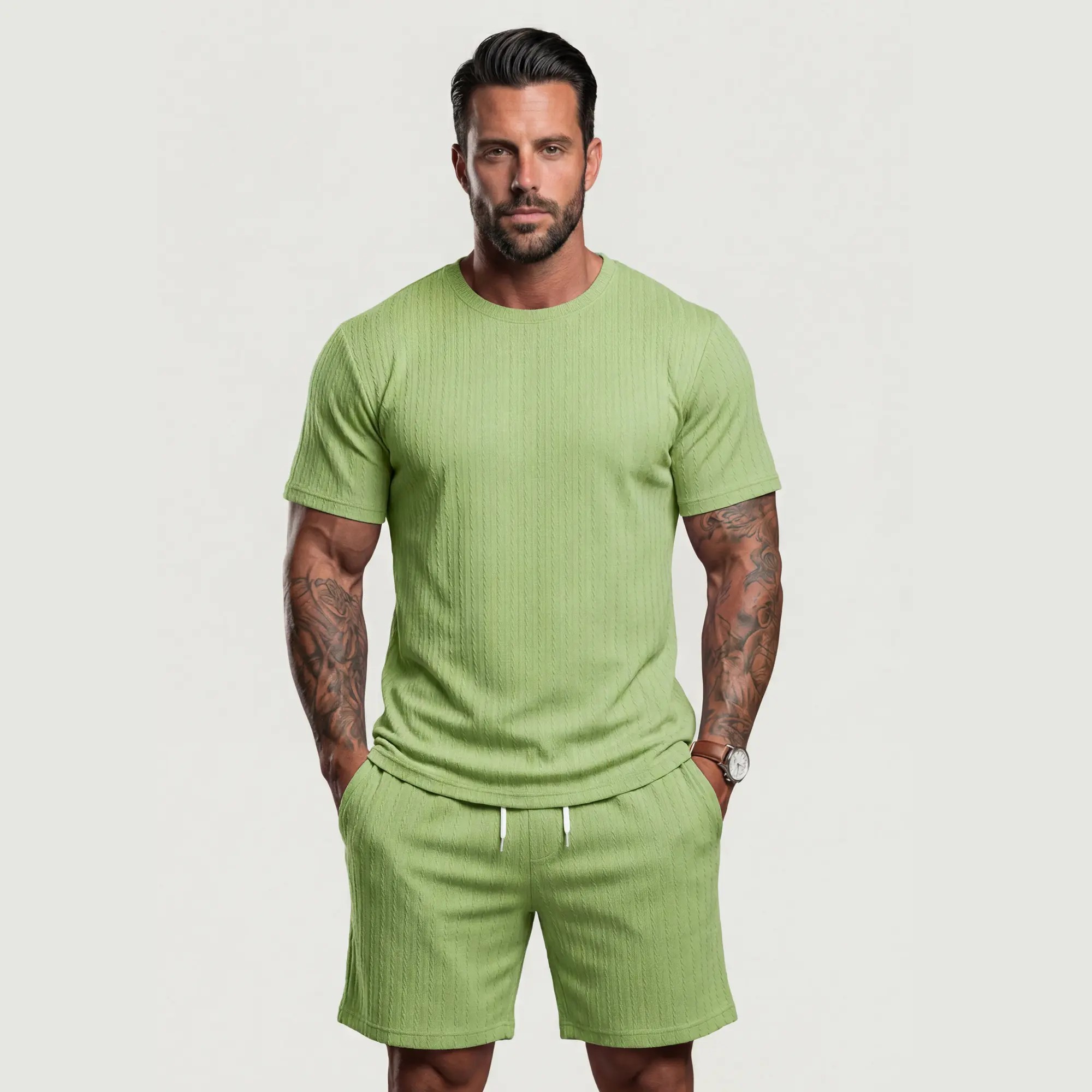 Men's Solid Textured Drop Shoulder Short Sleeve Tee & Drawstring Waist Shorts Set