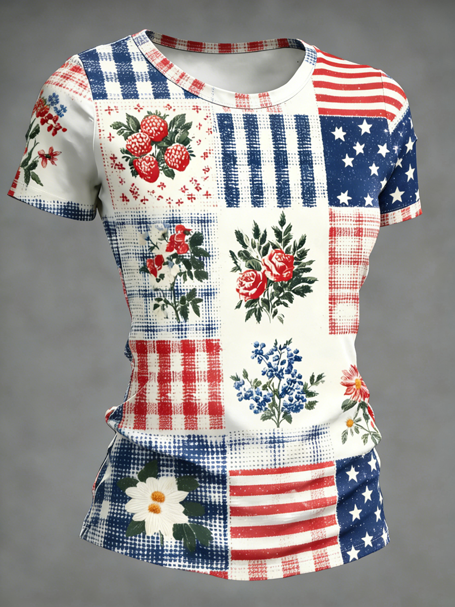 Women's Patriotic Patchwork Floral Flag & Berry Print Casual Top