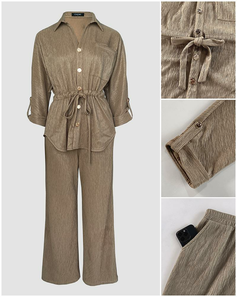 Women's 2 Piece Outfit Vintage Textured Drawstring Waist Turn-down Collar Button Down Top & Elastic Waist Wide Leg Pants Set