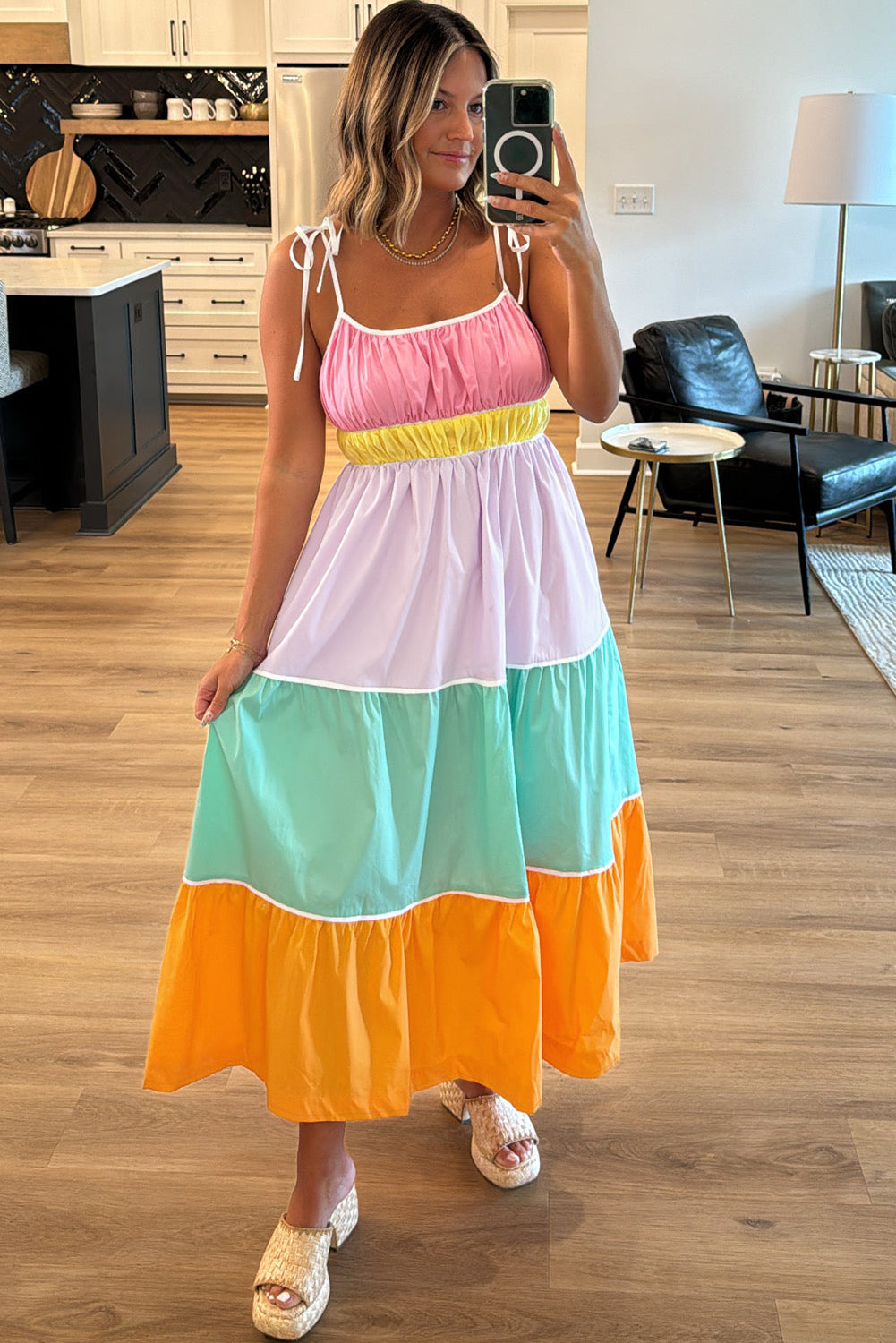 Multicolour Colorblock Self-Tie Straps High Waist Flowy Maxi Dress With Pockets