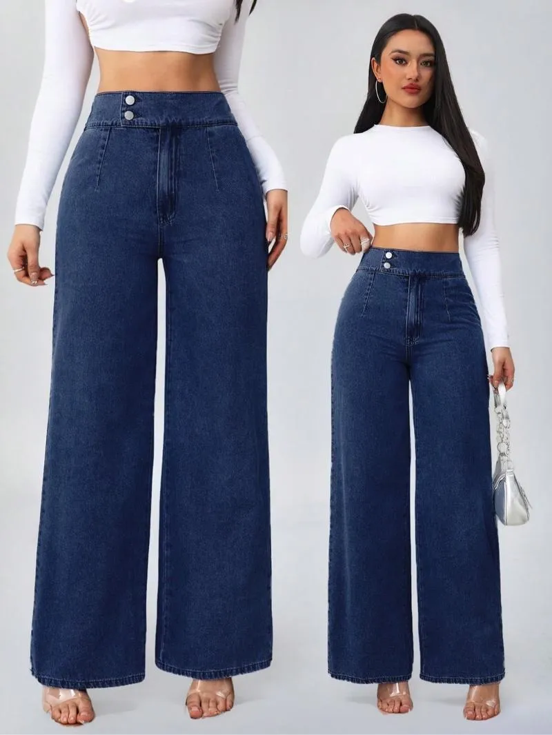 Women's vintage elegant high-waisted wide-leg jeans