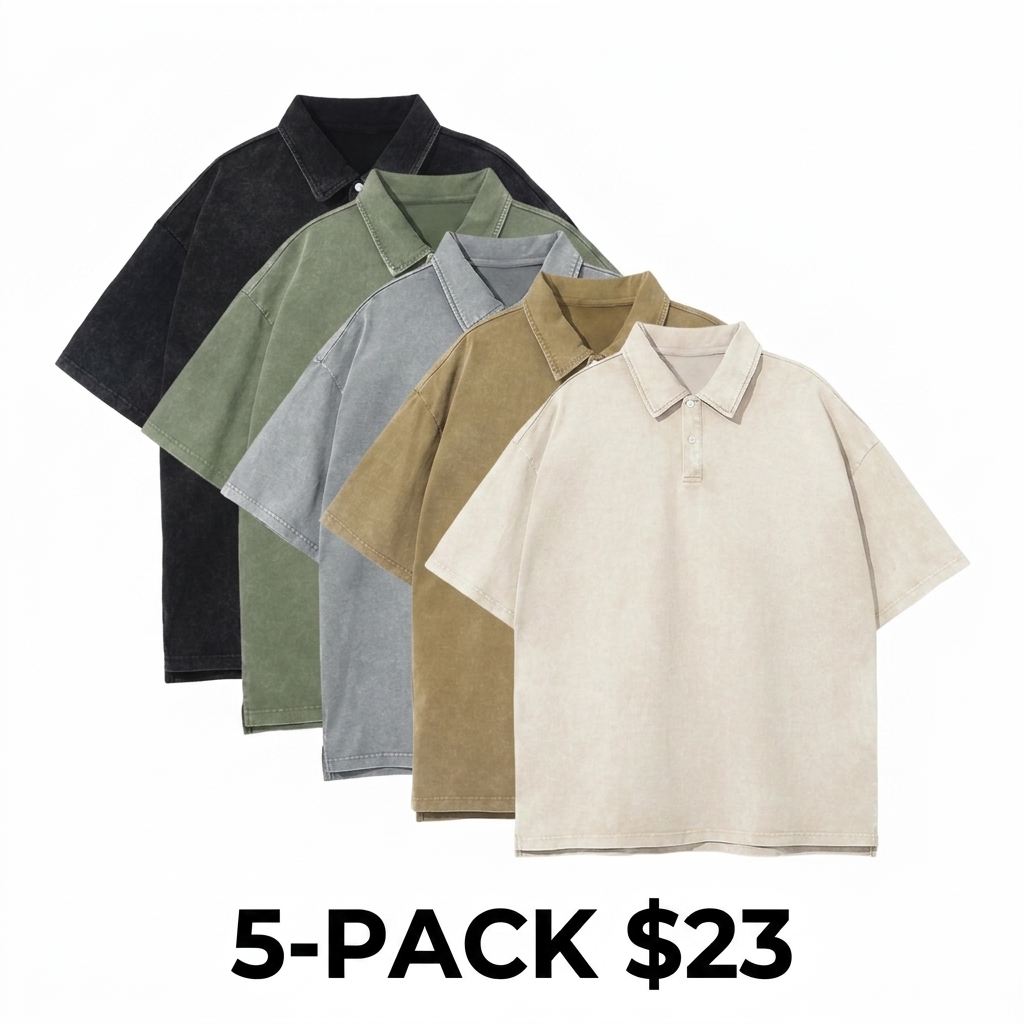 Unisex 5-Pack Acid Wash Oversized Polo Shirts – Vintage Cotton Baggy Streetwear Tees