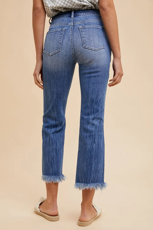 Wear Distressed Raw Hem Straight Leg Cropped Jeans