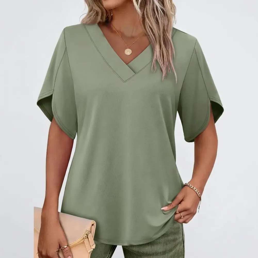 Womens Short Sleeve V Neck Dolman Tops with Side Shirring Loose Fit Shirts