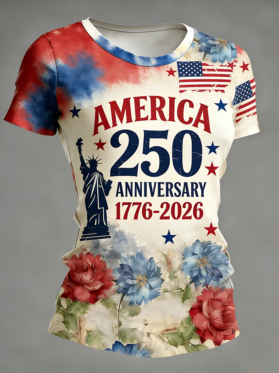 Women's America 250th Anniversary  Statue of Liberty & Floral Patriotic Tie Dye T-Shirt