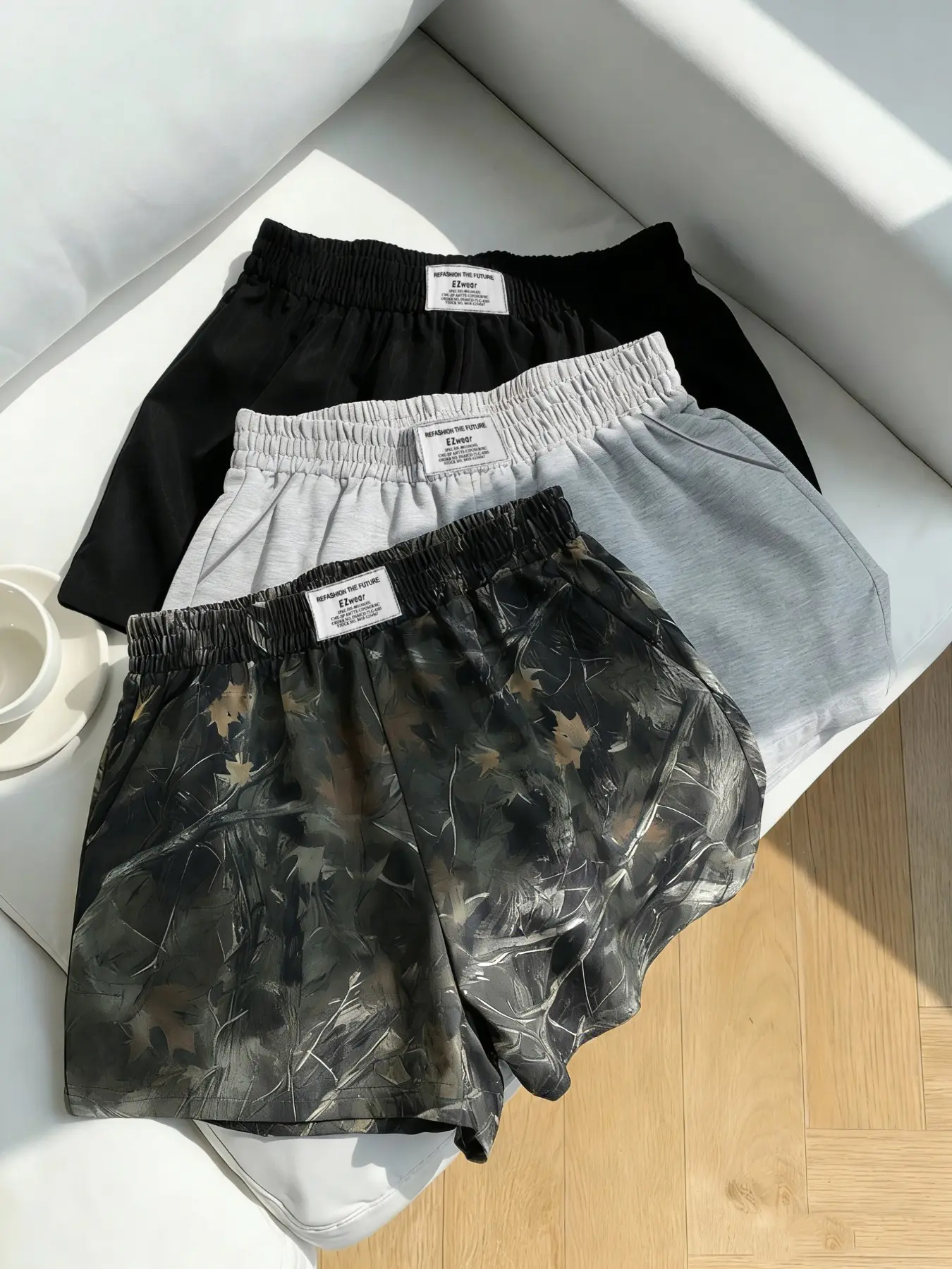 Women's Casual Loose Fit Baggy Shorts, Elastic Waist Camo Print and Solid Color, Summer All-Season Versatile Pants, 3 Piece Set
