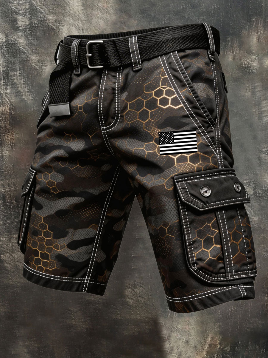 Men's Independence Day USA Flag Print Denim-Like Cargo Shorts