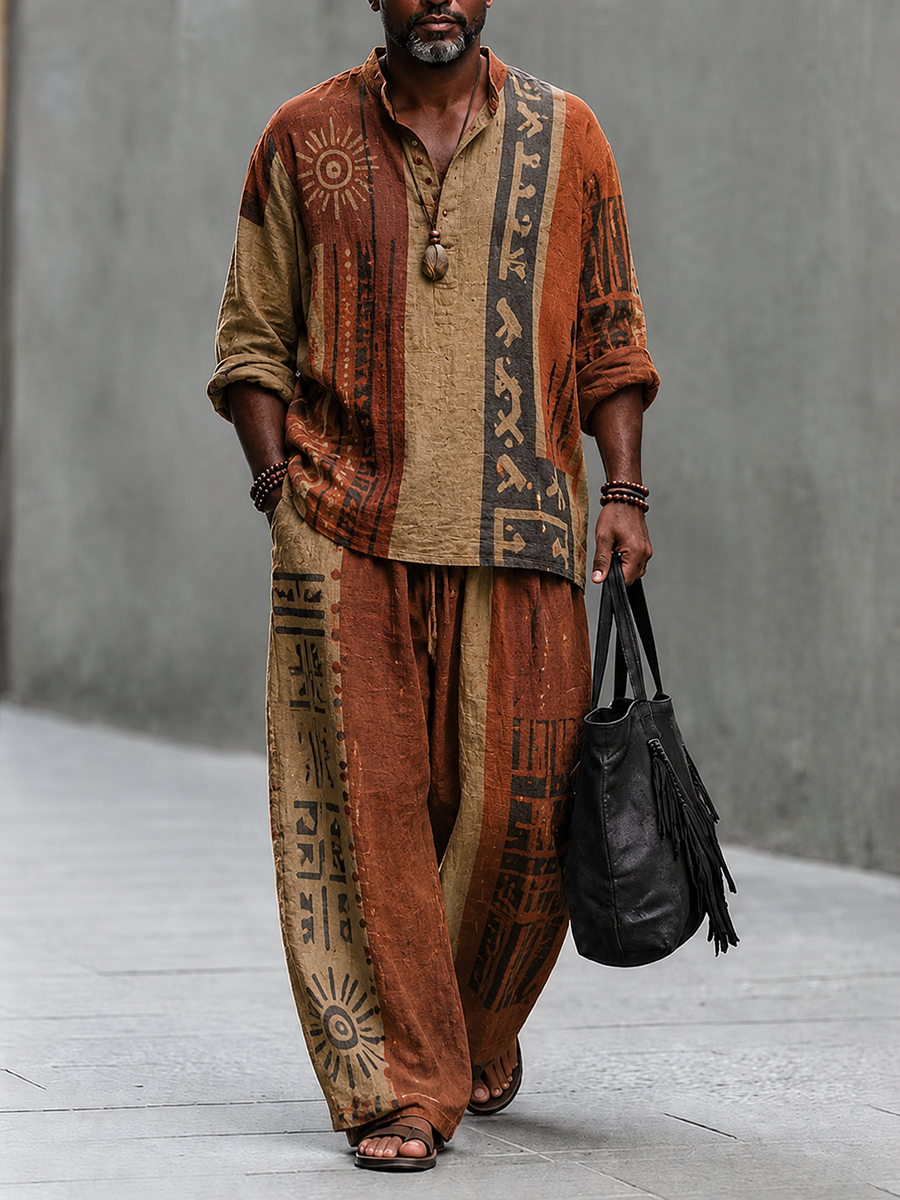 Men's Vintage Abstract Geometric Print Casual Vacation Set