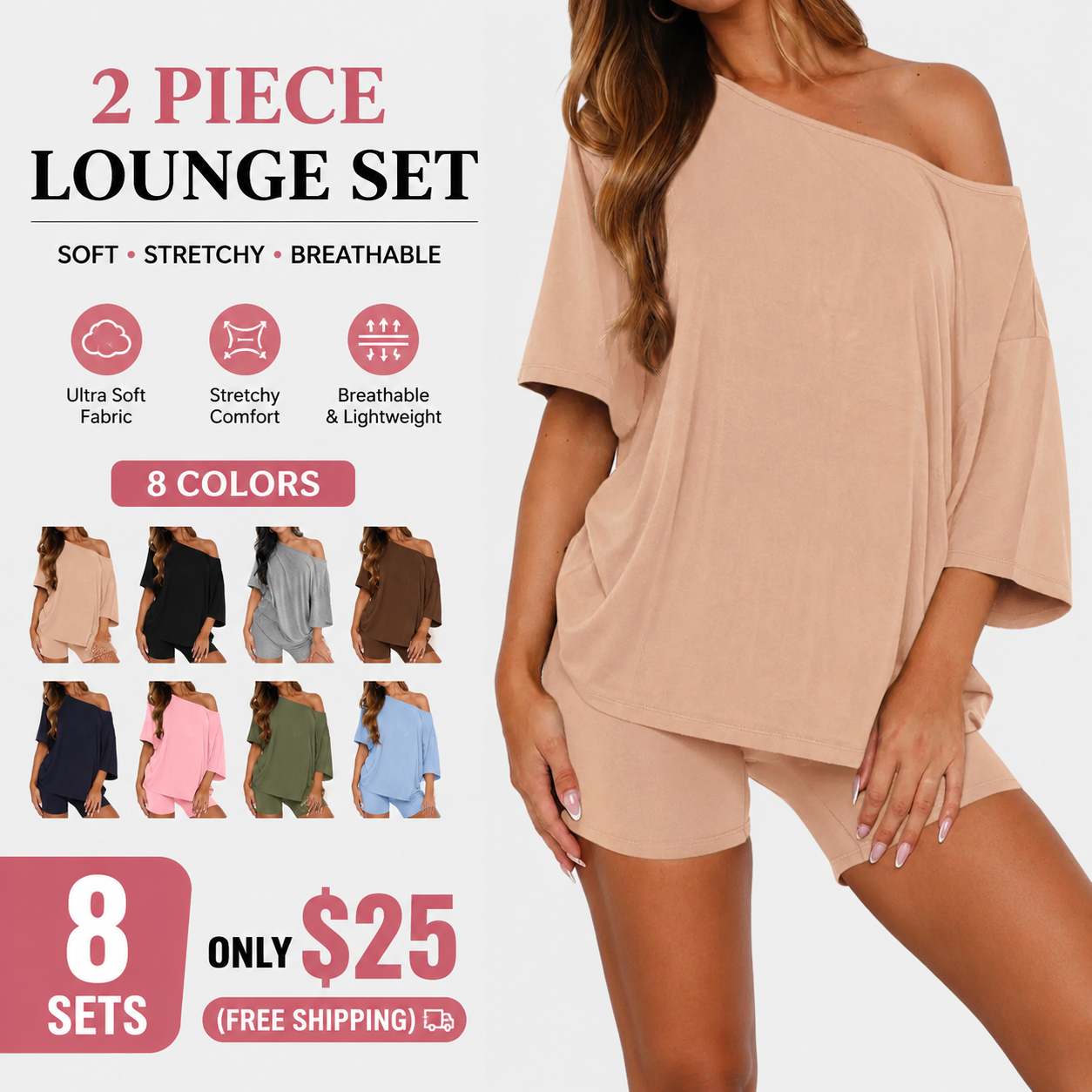 Women's Off-Shoulder Lounge Set Casual Top & Fitted Shorts