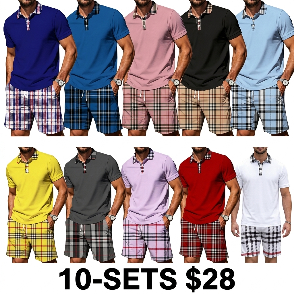 Men's Plaid Patchwork 2-Piece Summer Set – Polo Shirt & Matching Shorts, Casual Drawstring Waist with Pockets