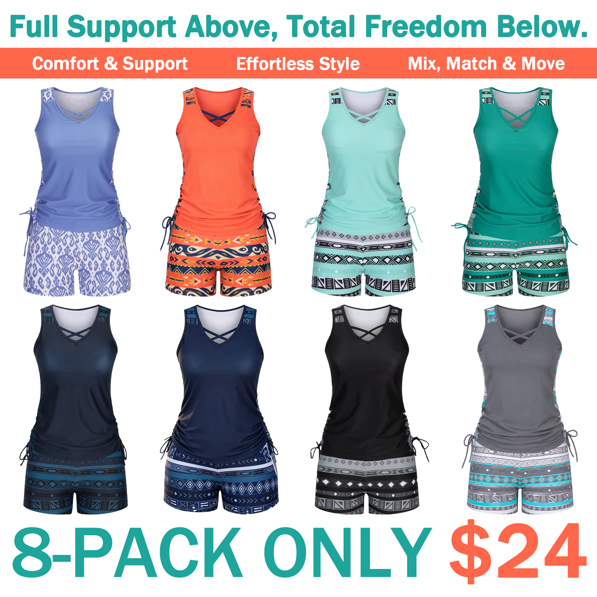 ⏰LAST DAY 90% OFF - Women's 2-Piece Tummy Control Tankini Set with Built-In Bra – Flattering Boho Swimwear with Shorts