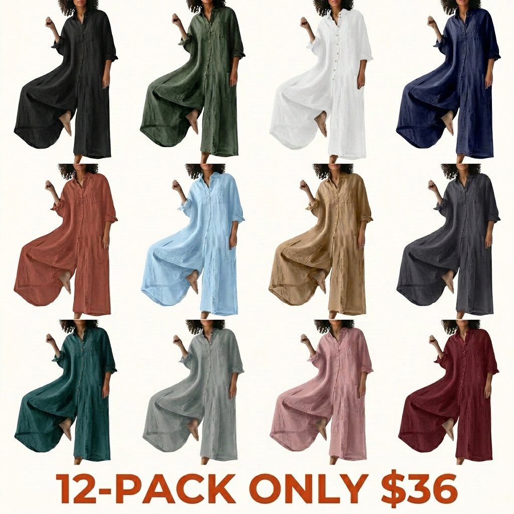 Women's Linen Long-Sleeve Button-Front Wide-Leg Jumpsuit