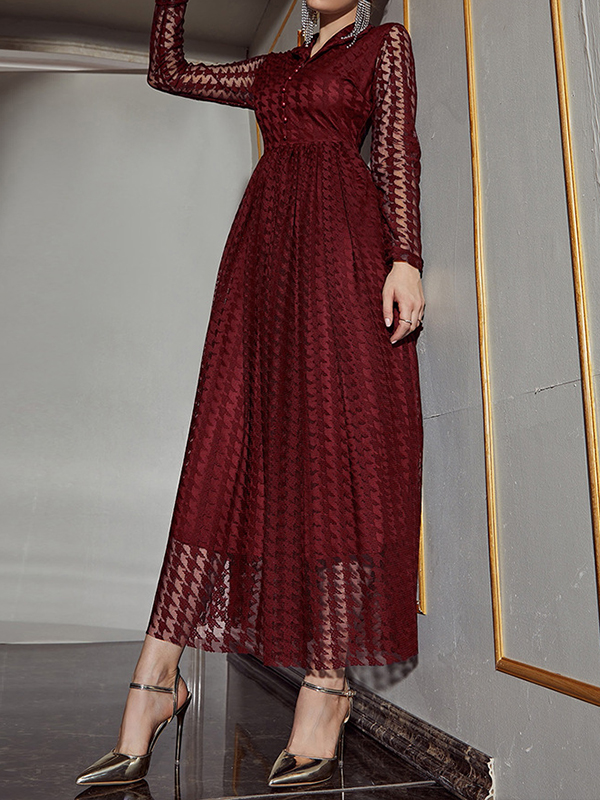 Buttoned Gauze See-Through Solid Color High Waisted Long Sleeves V-Neck Maxi Dresses