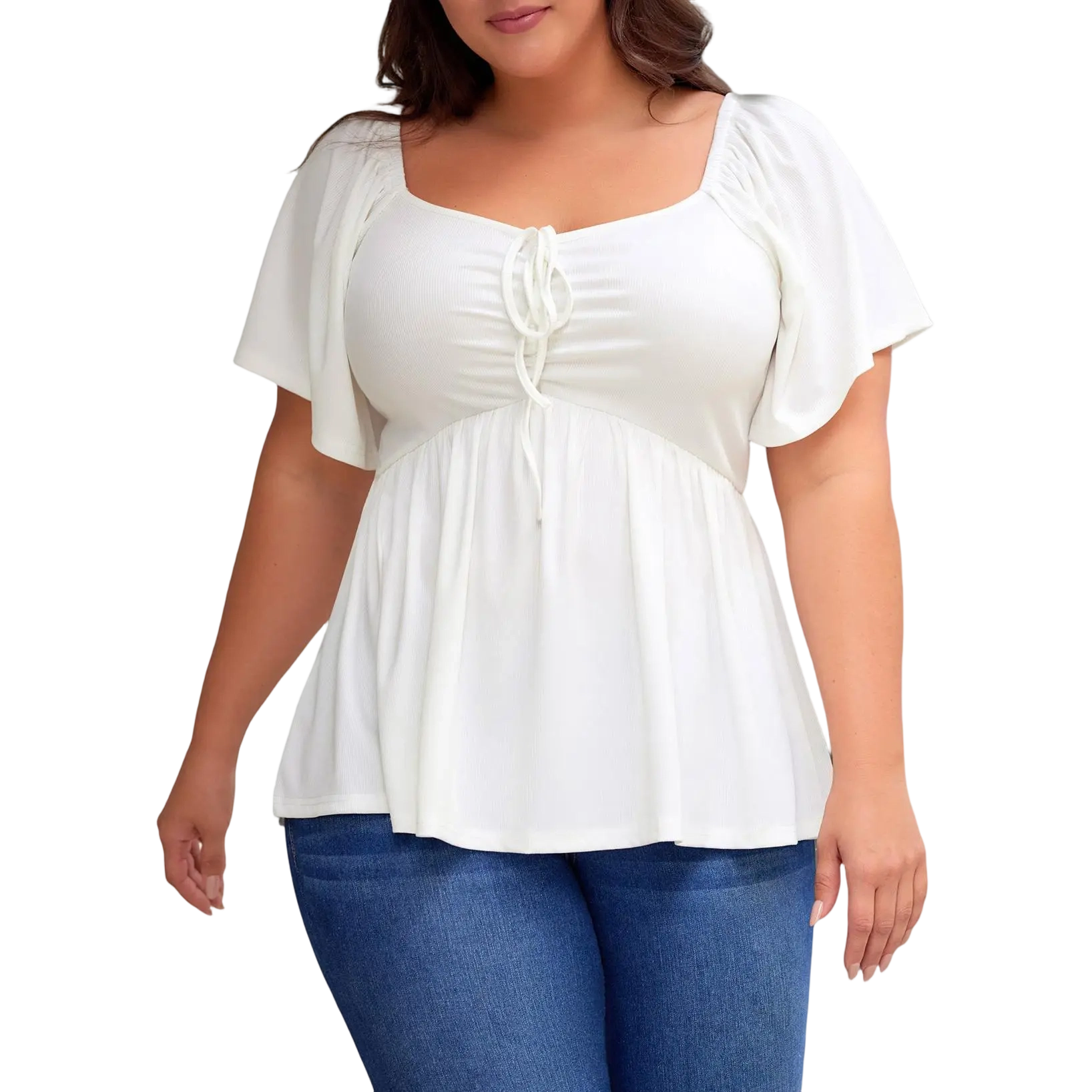 Women Plus Size Sweetheart Neck Short Sleeve Shirred Peplum Rib Blouse Tops Shirts