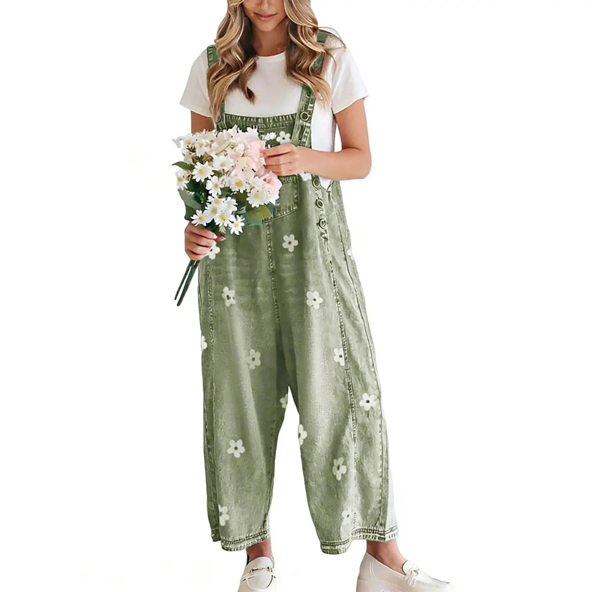 Women's Floral Printed Adjustable Strap Denim Bib Overall