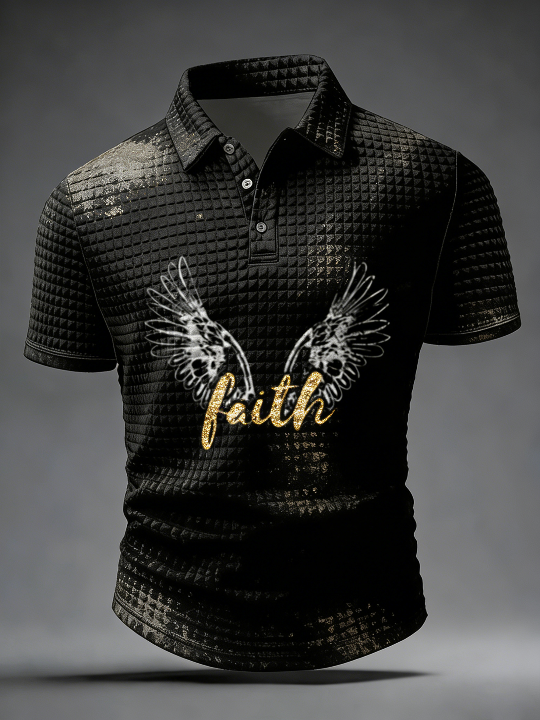 Vintage Distressed Gold Faith Angel Wings Short Sleeve Polo