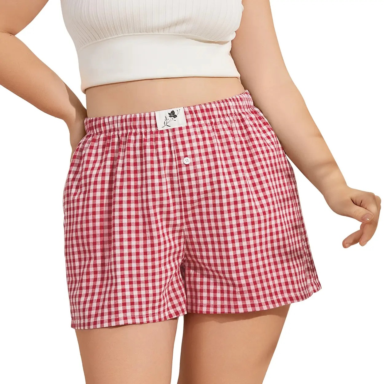 【Plus Size】Women's Plaid Print Patched Elastic Waist Shorts