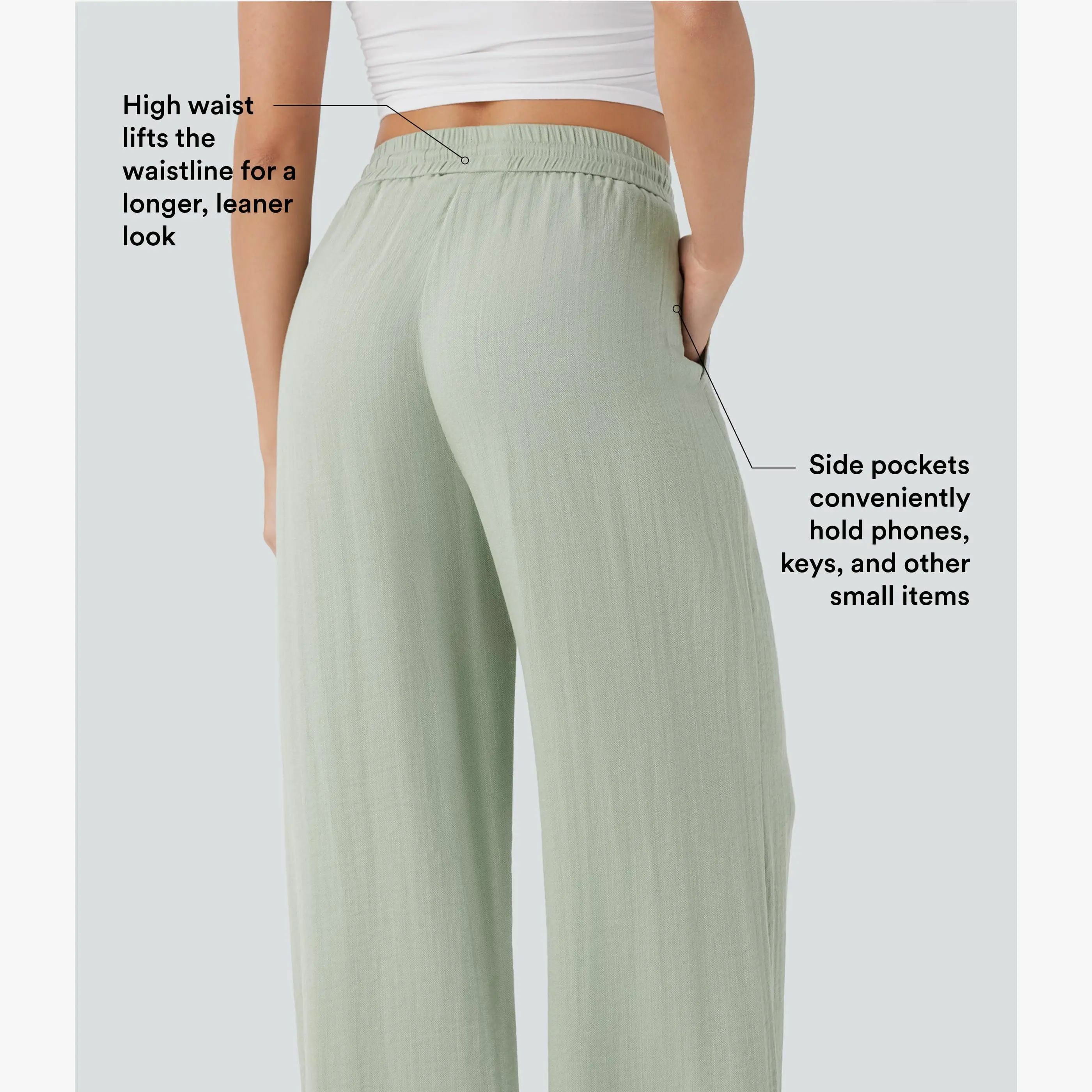 Women's High Waisted Drawstring Pocket Wide Leg Casual Linen-Feel Pants