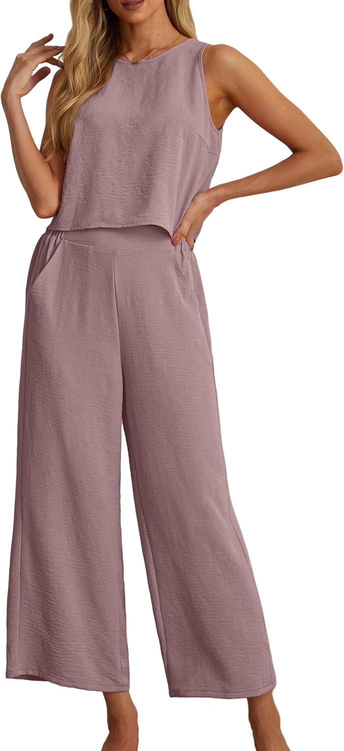 Women's Summer 2 Piece Outfits Set Round neck Sleeveless Tank Crop Top Wide Leg pants Set Pockets Jumpsuits
