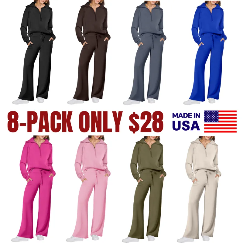 🔥Final Day Clearance!🛒Women's 2 Piece Outfits Casual Lapel Half Zip Sweatshirts And Wide Leg Pants Tracksuit Sets
