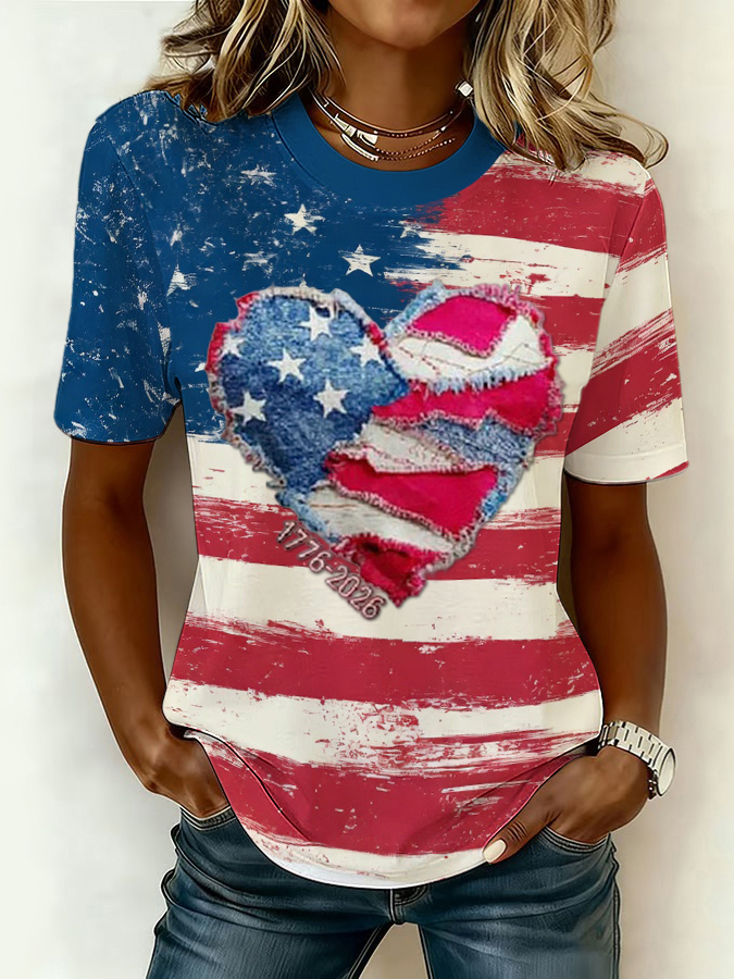 Women'S Retro American Independence Day Commemorative Printed Round Neck Short Sleeve T-Shirt