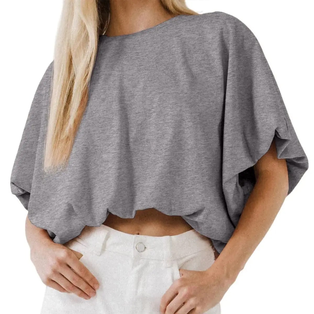 Women's Slouchy Dolman Sleeve Crop Top – Soft & Flowy Casual Summer Tee