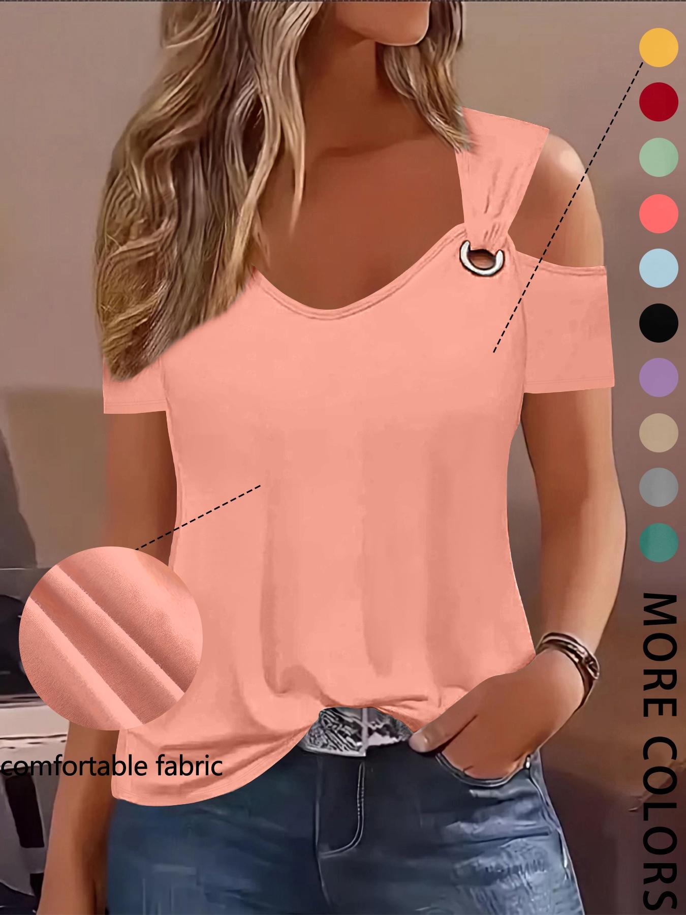 Women's Summer V-Neck Short Sleeve Casual Fashion Slim-Fitting Top, Large Eyelet Hollow Out Design