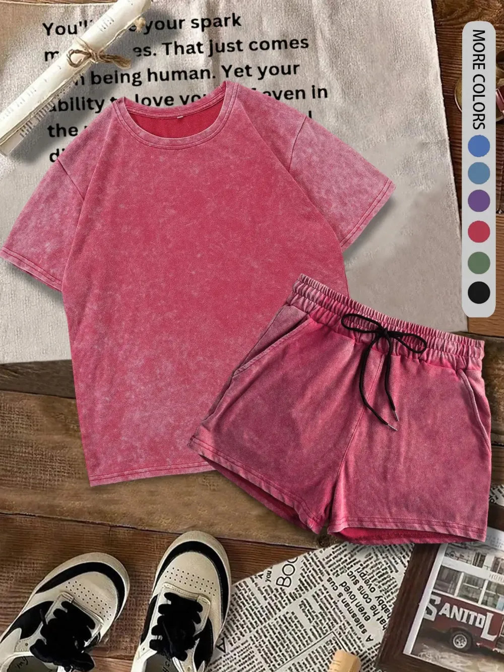 Women's Solid-Color Faux-Denim Print T-Shirt and Shorts Two-Piece Set