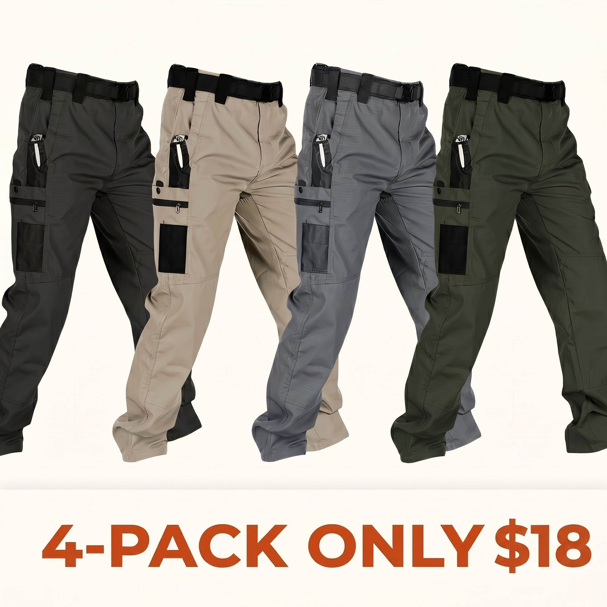 Men's Solid-Color Tactical Cargo Pants — Crafted from a brand-new 230g/m² fabric, featuring multiple pockets and zipper closures.