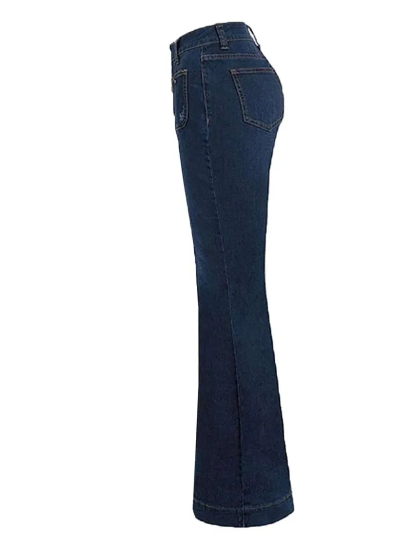 Women's Plain Flare Leg Jeans with Button & Pockets , Casual Bell Bottom Trousers for Daily Wear