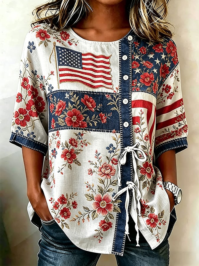 Women'S 250th Anniversary Botanical Floral Digitally Printed Top