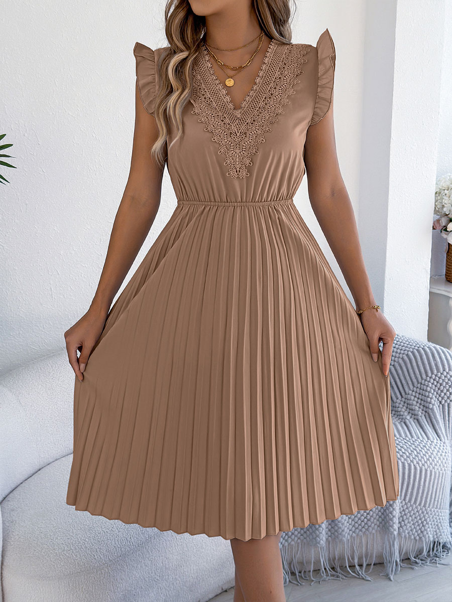 Women's Casual Lace V-neck Ruffled Pleated Dress