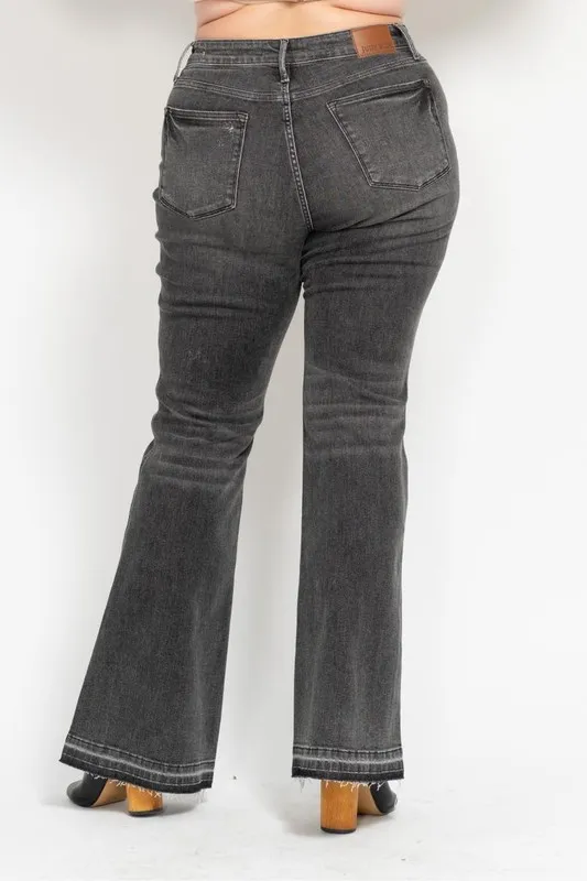 Blue Full Size Midi Rise Tummy Control Washed Gray Release Hem Flare Jeans Plus Size