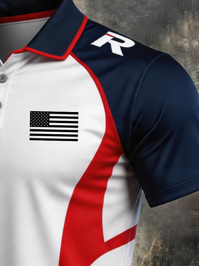 Men's Retro Patriotic Color-Block Short-Sleeve Polo Shirt