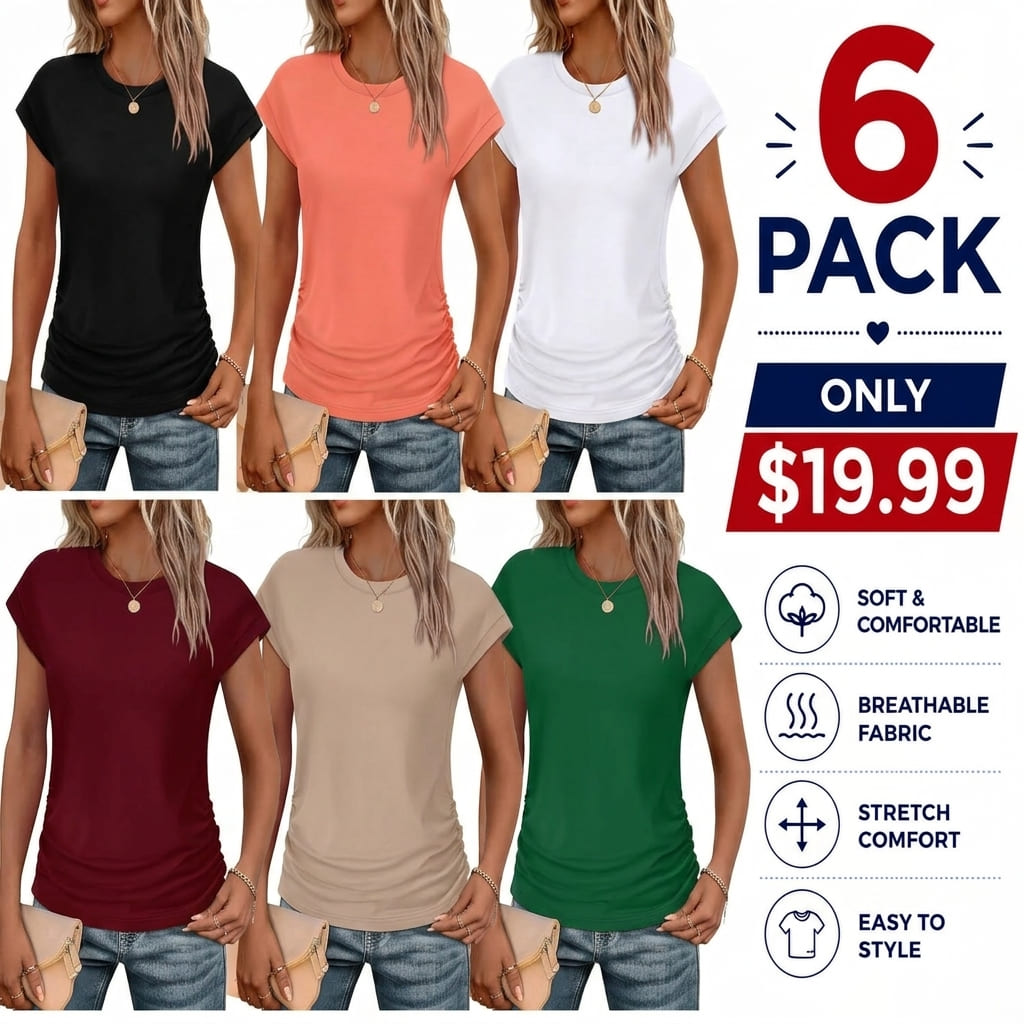 Womens Summer Tops Trendy 2026 Ruched Cap Short Sleeve Tshirts Shirts Crew Neck T Shirts Fashion