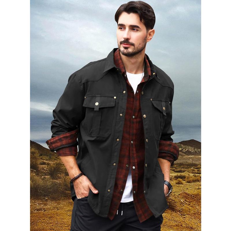 Men's Flannel Lined Shacket Jacket Plaid Brushed Lining Cowboy Western Twill Outdoor Shirt Jacket