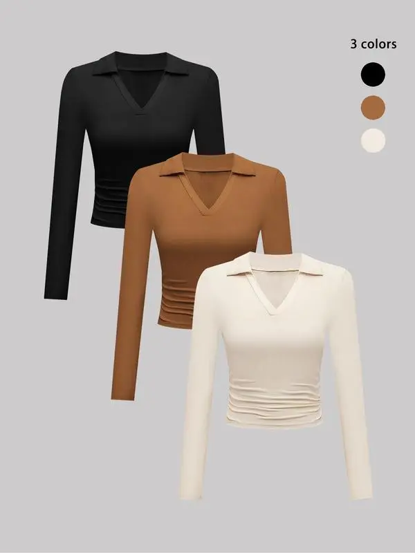 Knit Solid Color Long Sleeve V Neck Slim