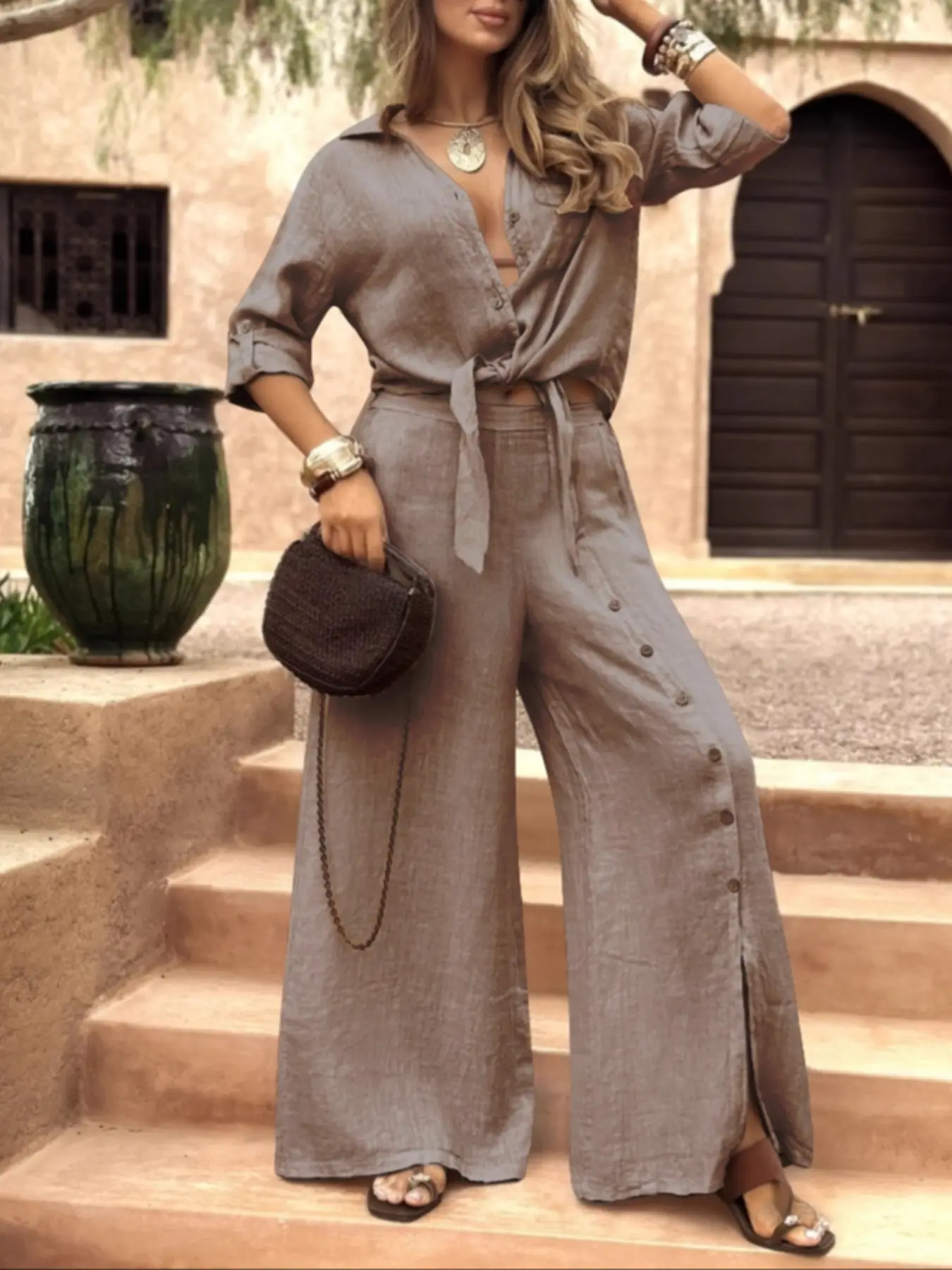 Women's Long Sleeve Loose Fit Shirt Set with Tie Hem
