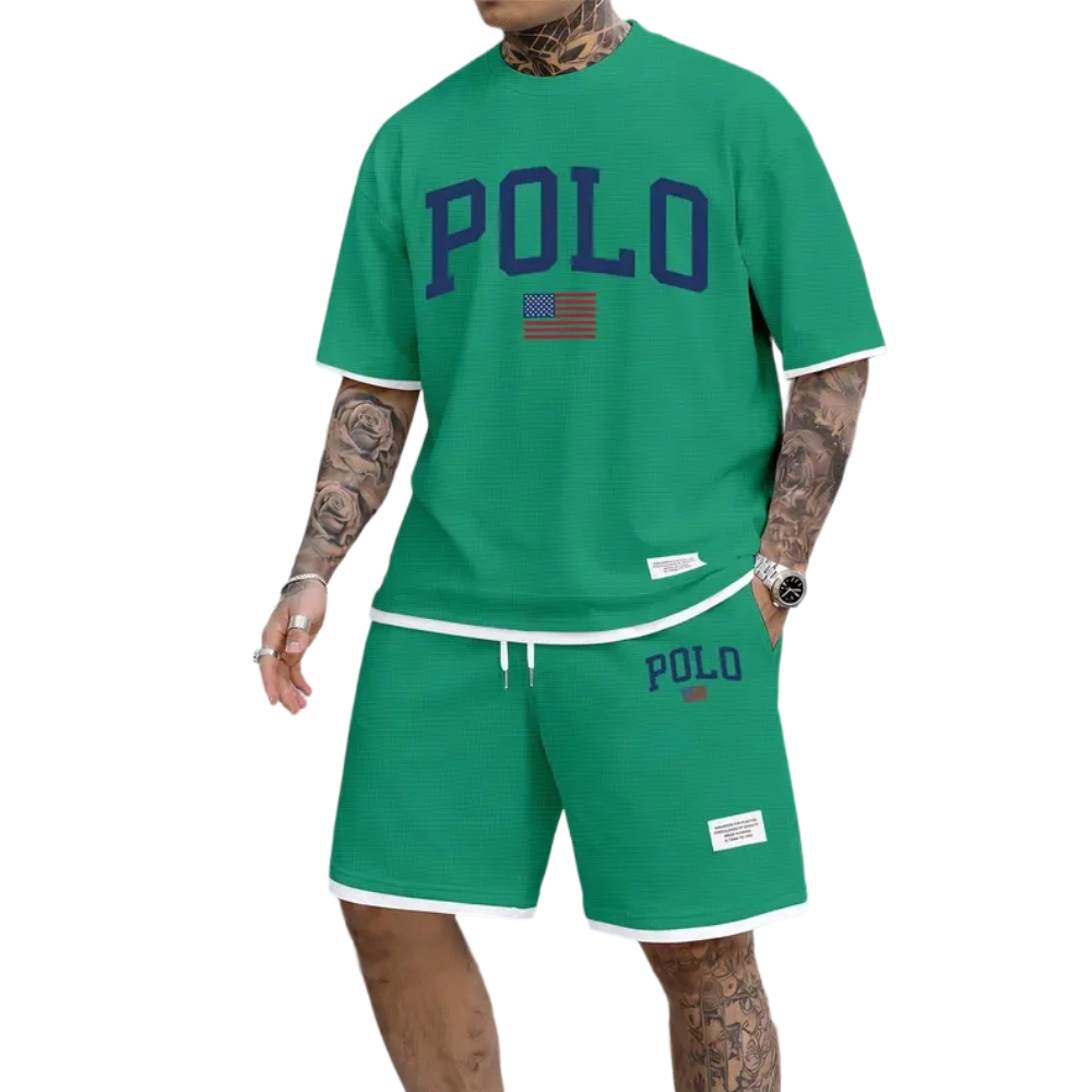Men's Polo Print Drawstring Shorts Set