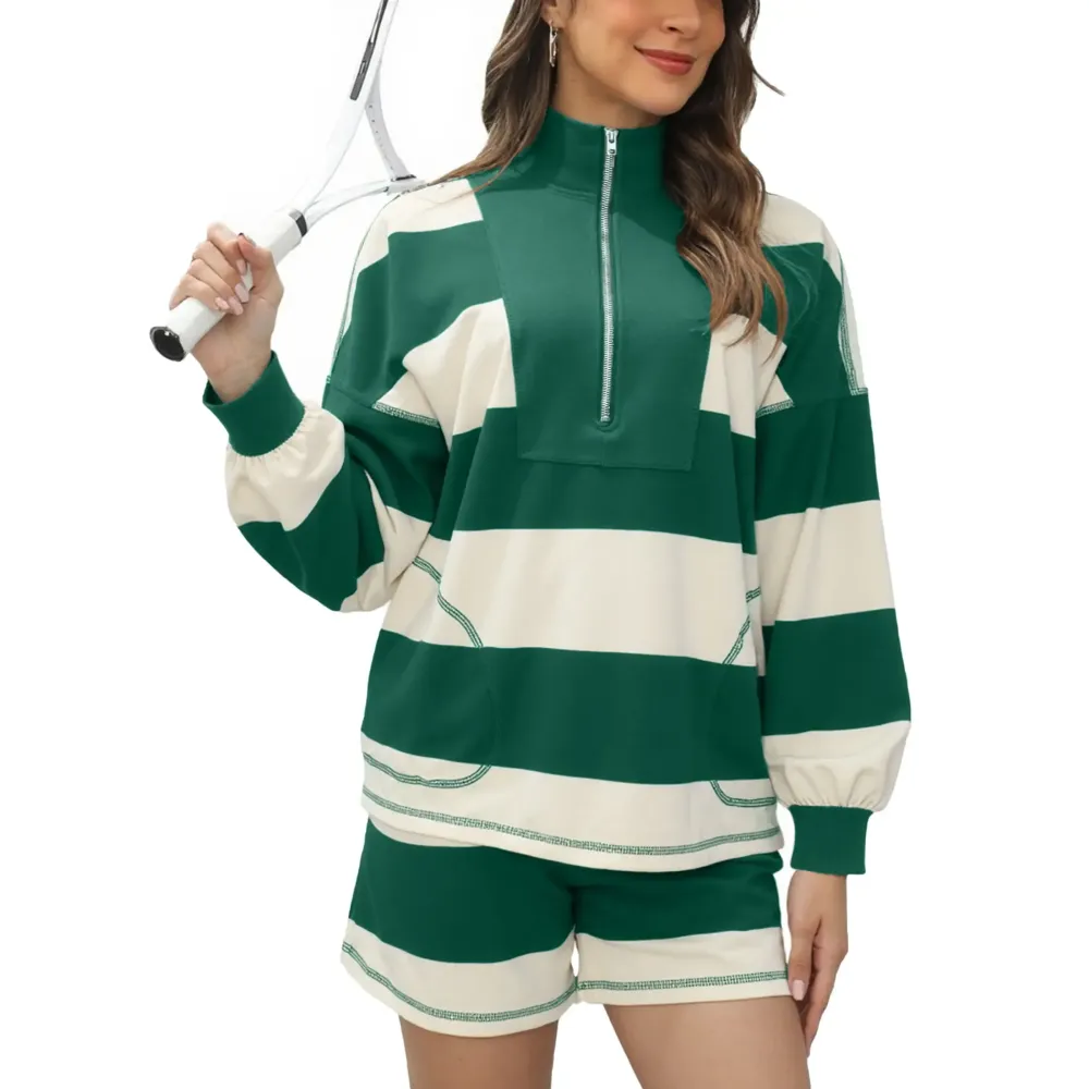 Women's Lounge Set 2 Piece Striped Long Sleeve Quarter Zip & Short Sleeve T Shirt