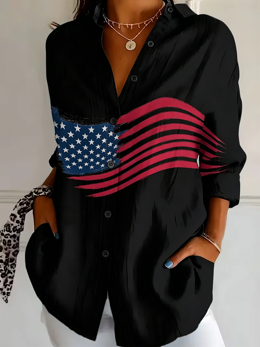 Shirt Collar Regular Sleeve Long Sleeve America Flag Buckle Regular Loose Button Up Shirt Shirt For Women