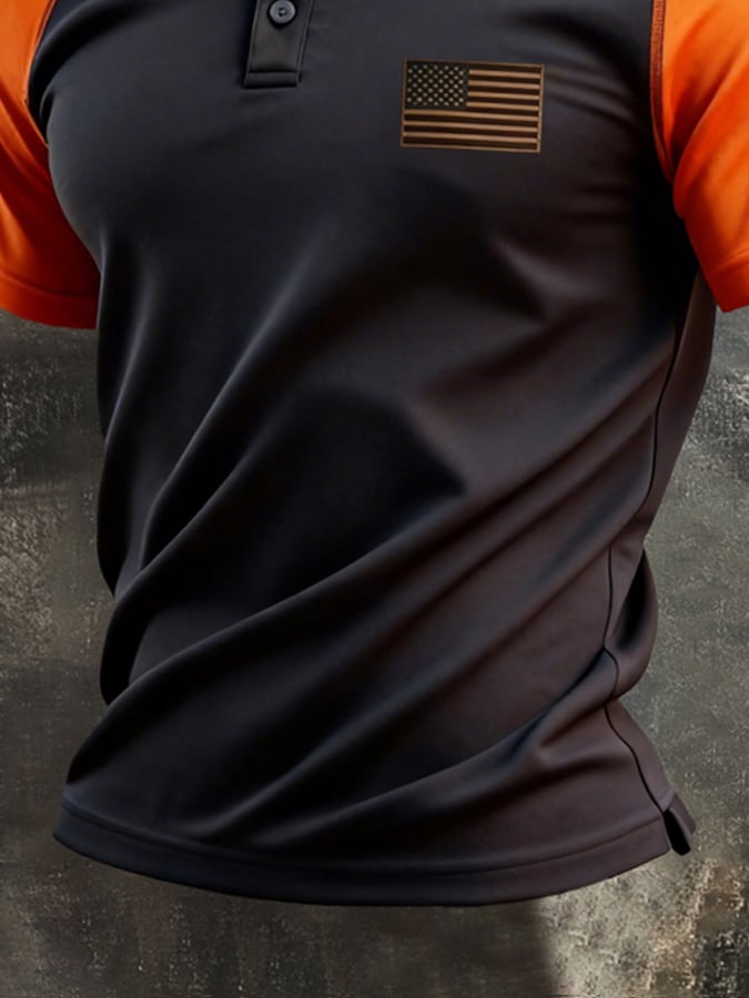 Men's Retro Patriotic Color-Block Short-Sleeve Polo Shirt