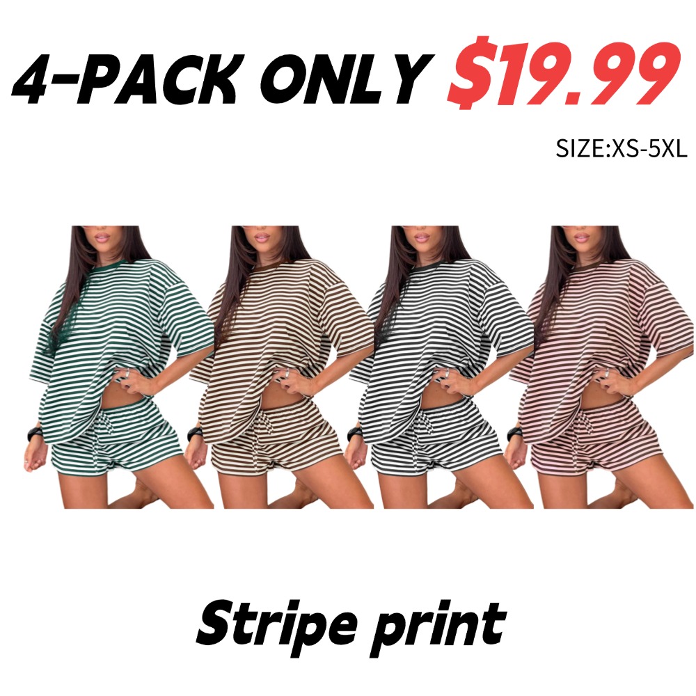 Women's Striped Two-Piece Set | Loose T-Shirt + Drawstring Shorts