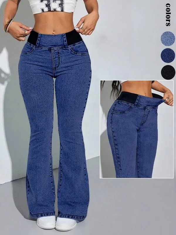 Women's Denim Print Flare Pants, Fashionable Long Jeans for Women