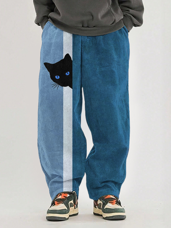 Men's Fun Hide And Seek Black Cat Print Casual Pants