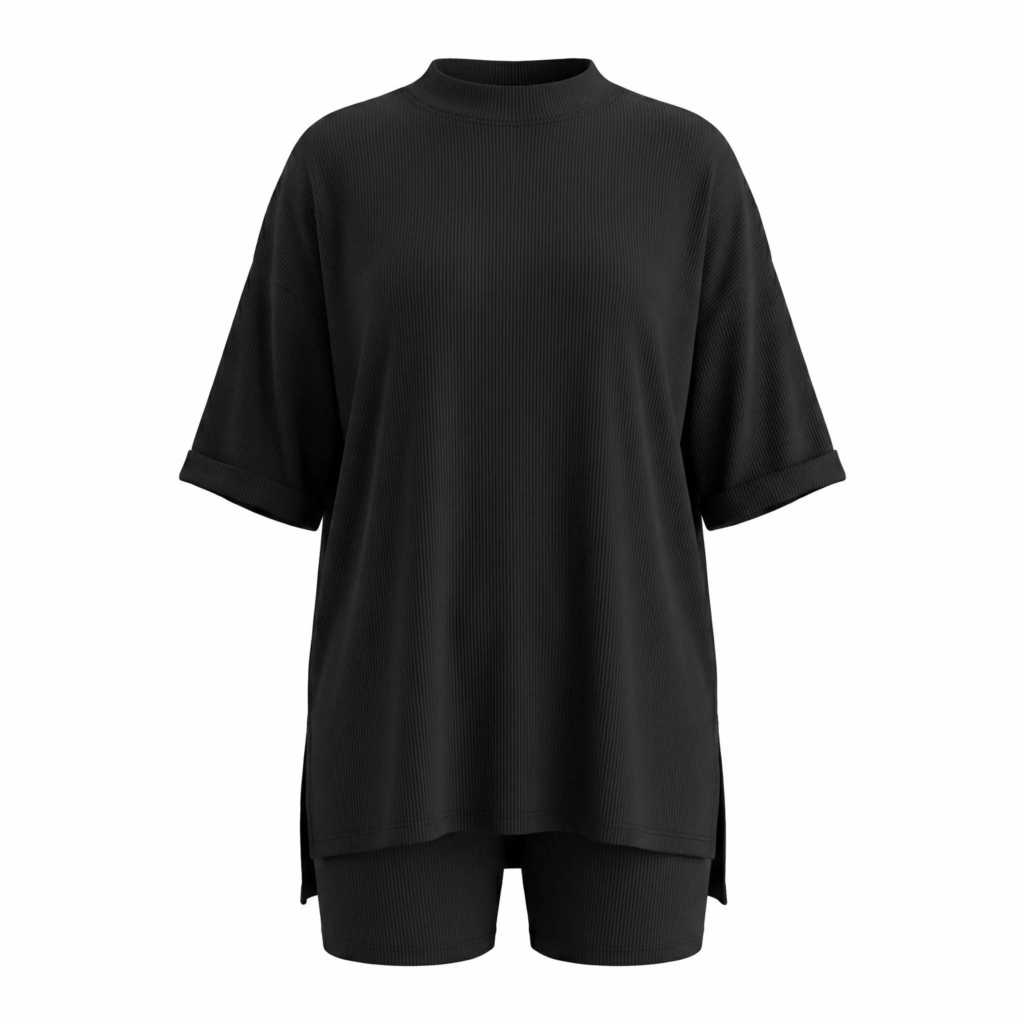 Crewneck Two-Piece Set For Women Summer Casual Oversized Split Hem Shirts & Side Pocket Biker Shorts
