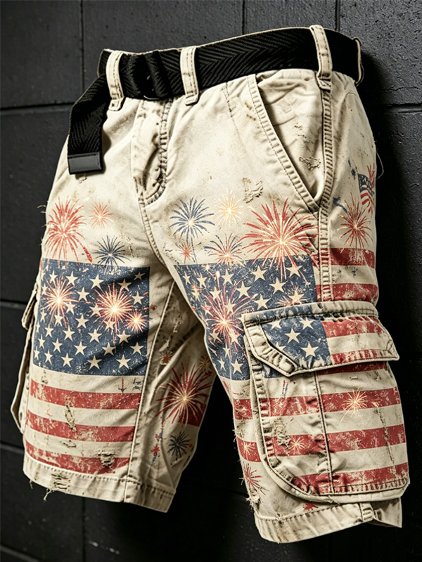 Men's Vintage American Flag Firework Art Print Casual Shorts