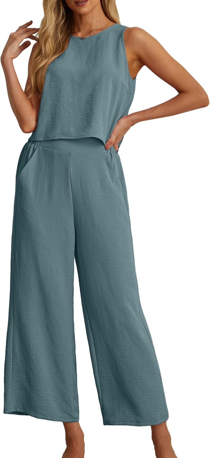 Women's Summer 2 Piece Outfits Set Round neck Sleeveless Tank Crop Top Wide Leg pants Set Pockets Jumpsuits